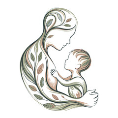 Mother and Baby Line Art with Leaves &ndash; Love, Care and Nature Illustration