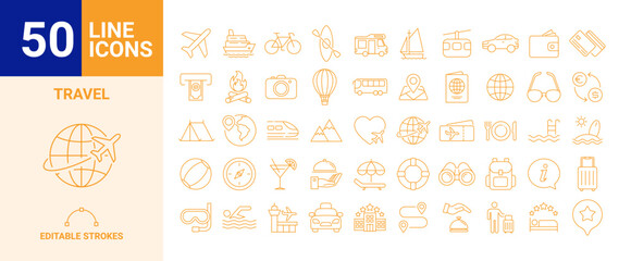 Travel line icons set with editable strokes