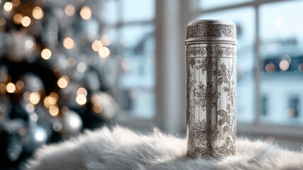 Ornate silver container rests upon soft white fur with blurred holiday decorations in the background