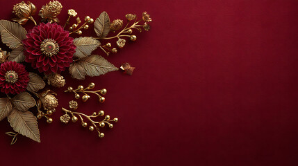 Luxury chinese background festive oriental background red floral design with golden leaf decoration for elegant celebration banner and joyful holiday greeting card