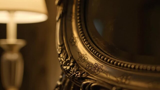 Ornate Vintage Mirror Frame with Floral Engravings and Warm Ambient Light
