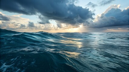 Majestic Ocean Seascape at Sunset with Dramatic Storm Clouds and Reflective Waves