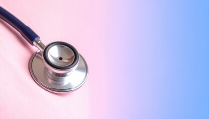 Close Up Image of a Silver Stethoscope on Gradient Pink and Blue Background in Medical Setting
