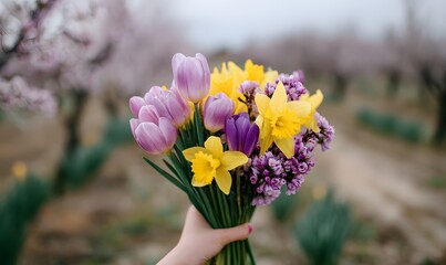 A bouquet of spring tulips, daffodils and crocuses in a beautiful female hand in a blooming cherry orchard