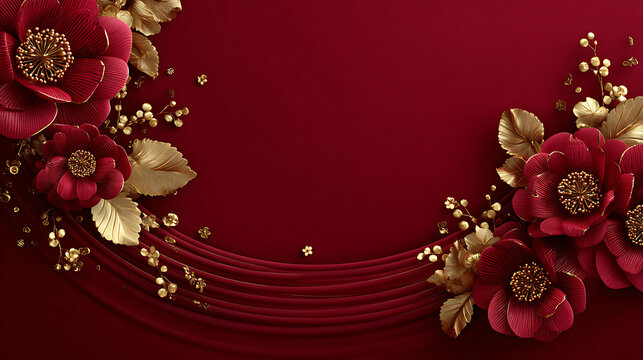 Luxury chinese background with festive oriental background design showing red flower decoration and gold leaf ornament on maroon backdrop for elegant celebration banner art