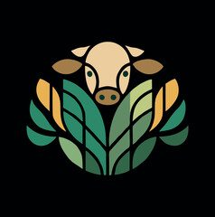 Eco Farm Cow Logo with Green Leaves &ndash; Organic Agriculture Vector Emblem