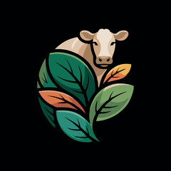 Eco Farm Cow Logo with Green Leaves &ndash; Organic Agriculture Vector Emblem