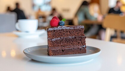 Delicious Chocolate Cake Slice Garnished with Fresh Berries Served on a Plate in a Caf&eacute;