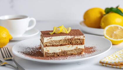 Delicious Layered Lemon Tiramisu Dessert on a Plate with Fresh Lemons and a Cup of Coffee
