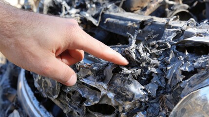 Human finger points at severely damaged and melted metallic debris from a wreckage