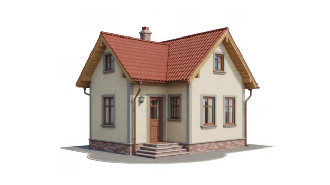 Small beige house with red roof and brown door small house isolated on a transparent background - Powered by Adobe
