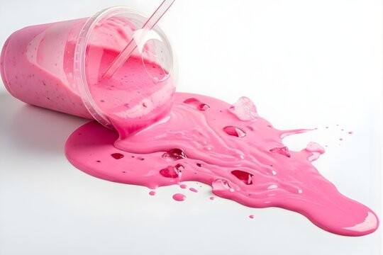 Vibrant pink liquid spilling from tipped glass onto white surface