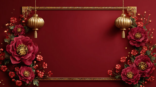 Luxury chinese background festive oriental background frame red flower gold lantern design celebration elegant