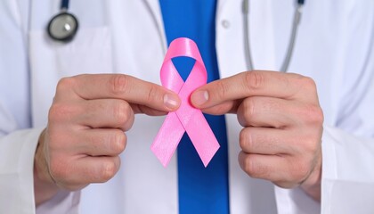 Doctor Holding Pink Ribbon Symbol for Breast Cancer Awareness and Support in Medical Setting