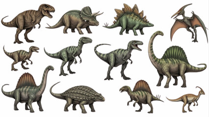 Large Collection of 12 Detailed Dinosaur Illustrations including T-Rex, Triceratops, Stegosaurus, and Brachiosaurus for Educational and Creative Projects