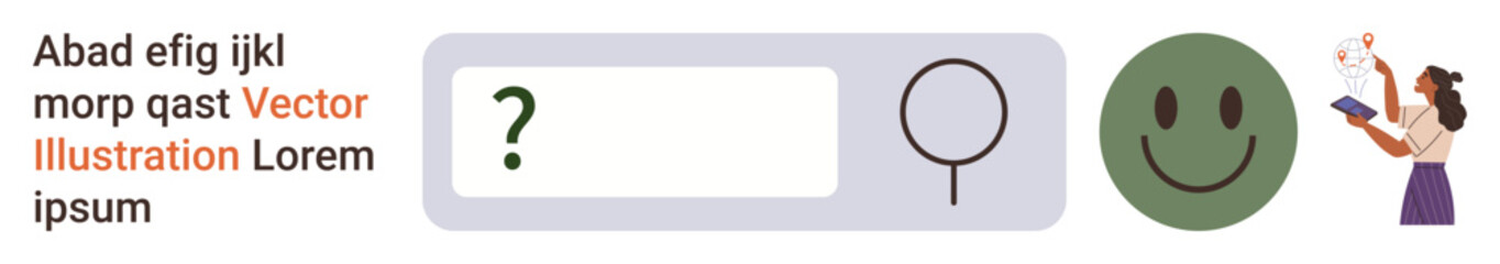 Fototapeta premium Online search, education, inquiry, positivity, user interface, creative learning. Search bar with question mark and magnifying glass, green happy face and woman reading. Online search and education