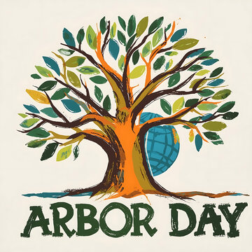 Abstract artwork featuring a tree and a globe for Arbor Day