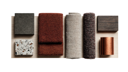 Materials palette with textures in earthy colors on light wood