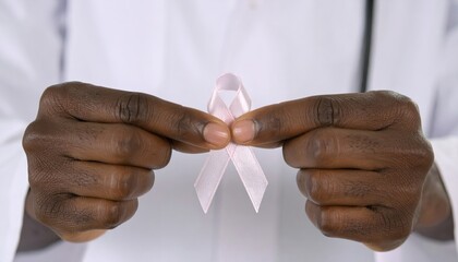 Healthcare Professional Holding Pink Awareness Ribbon in Support of Cancer Patients and Advocacy