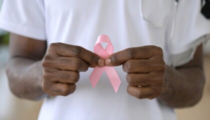 Healthcare Professional Holding Pink Ribbon for Breast Cancer Awareness Campaign and Support