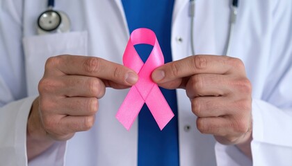 Healthcare Professional Holding Pink Ribbon for Cancer Awareness in Medical Setting