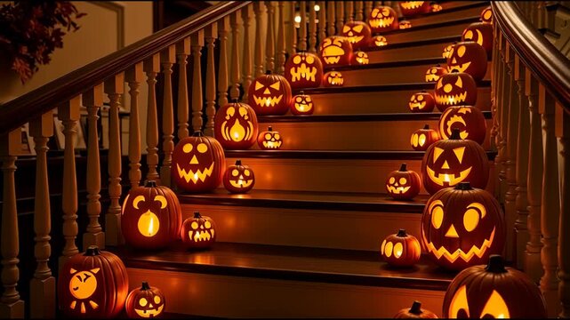 Lit pumpkins on stairs halloween decoration festive indoor scene