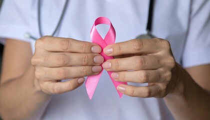 Healthcare Professional Holding Pink Ribbon Symbol for Breast Cancer Awareness Campaign