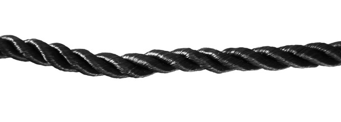 Durable black rope with twisted fibers, ideal for various applications such as boating, camping, and construction. Strong and reliable for heavy