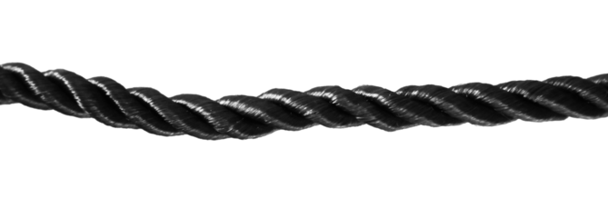 Durable black rope with twisted fibers, ideal for various applications such as boating, camping, and construction. Strong and reliable for heavy