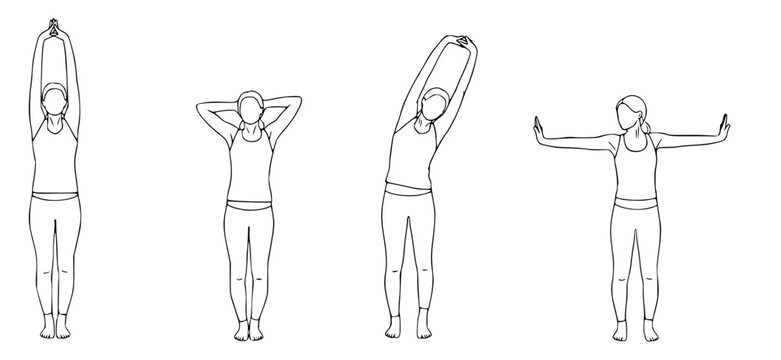 Illustration of four simple standing stretches for a person to perform, focusing on flexibility and mobility exercises