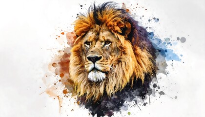 Majestic Lion Portrait with Watercolor Splashes and Intense Gaze.