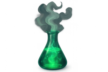 Magic potion chemical flask with green liquid and smoke