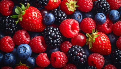 Fototapeta premium Fresh organic blackberries and raspberries mixed with juicy blueberries and strawberries create a healthy red fruit dessert isolated on white