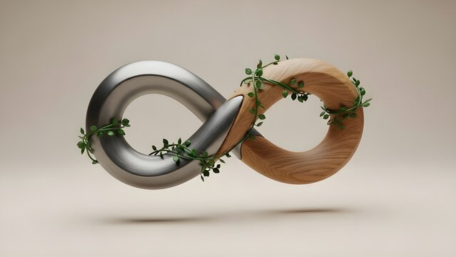 Circular economy infinity symbol with wood and steel textures - Powered by Adobe