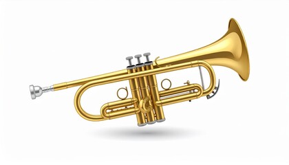 Obraz premium Shiny golden brass trumpet musical instrument with mouthpiece and valves isolated on white background for jazz band or orchestra