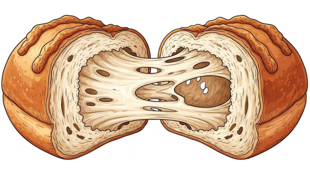 A highly detailed illustration of a cut loaf of bread showcasing its crusty exterior and soft interior texture with visible crumbs with food