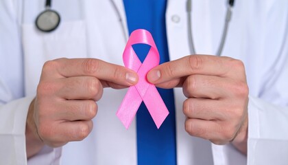 Medical Professional Holding Pink Ribbon for Cancer Awareness and Support Initiatives