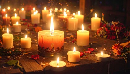 Glowing wax candles burn with a warm flame in the dark church to create a romantic religious celebration during a Christmas holiday night