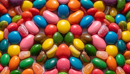 Obraz premium A vibrant group of colorful chocolate candies and jelly beans creates a bright confectionery texture of sweet round snacks including green and orange sugar dragee