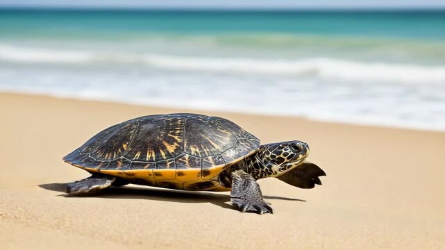 A sea turtle walking on a sandy beach towards the ocean waves slowly
