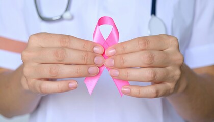 Medical Professional Holding Pink Ribbon Symbolizing Breast Cancer Awareness and Support