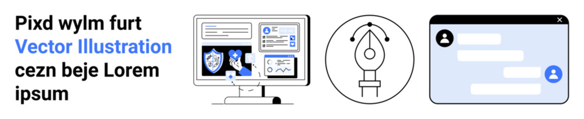 Obraz premium Web design, graphic tools, communication apps, cybersecurity, creative processes, interface design. Minimalist monitor with shield icons, pen tool chat window. Web design and graphic tools concept