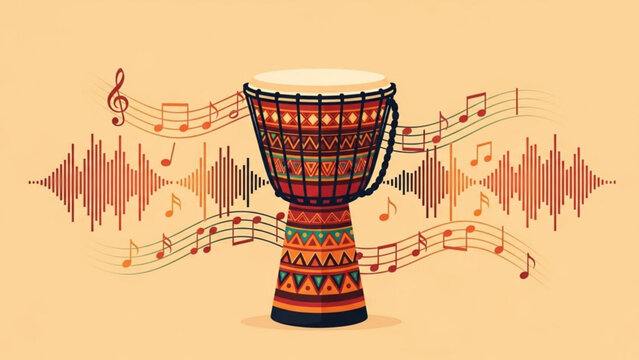 Vibrant african djembe drum with colorful patterns and musical notes on a warm background with instrument and patterned and rhythmic