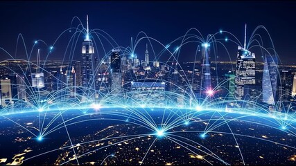 Network connections over cityscape at night digital communication concept - Powered by Adobe