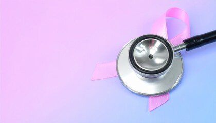 Stethoscope on a Gradient Background with a Symbolic Pink Ribbon for Breast Cancer Awareness