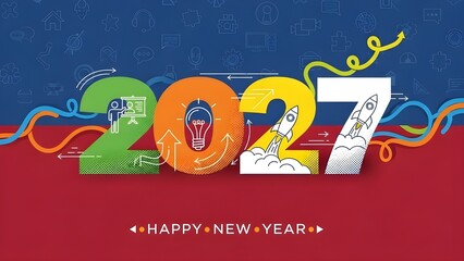 Vibrant 2027 New Year celebration with dynamic colorful graphics