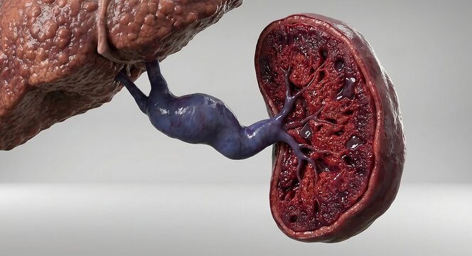 Cirrhotic Liver Causing Congestive Splenomegaly. 3D Cross-Section of Spleen and Dilated Splenic Vein