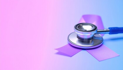 Stethoscope on a Purple Awareness Ribbon against a Gradient Background in a Medical Context