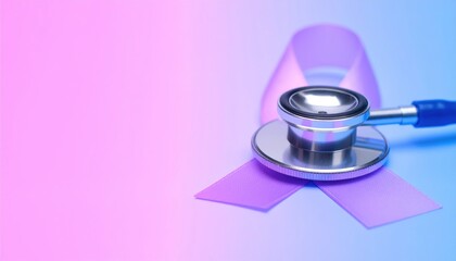 Stethoscope Placed on Pink Awareness Ribbon Against A Soft Gradient Background