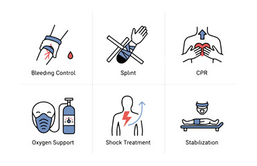 Medical icons illustrating first aid procedures